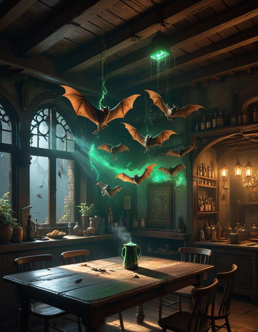Enchanted Tavern With Fruitbats And Glowing Mugs