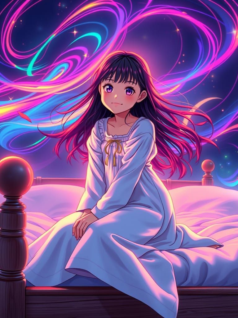 Anime Girl Flying Through Rainbow Sky