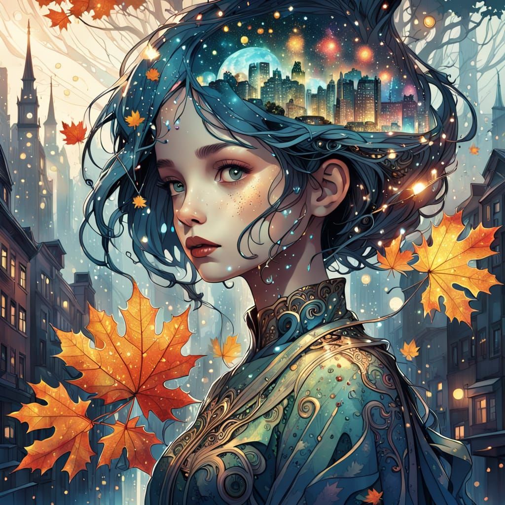 Galaxy Princess Silhouette Merging with Cityscape and Nature