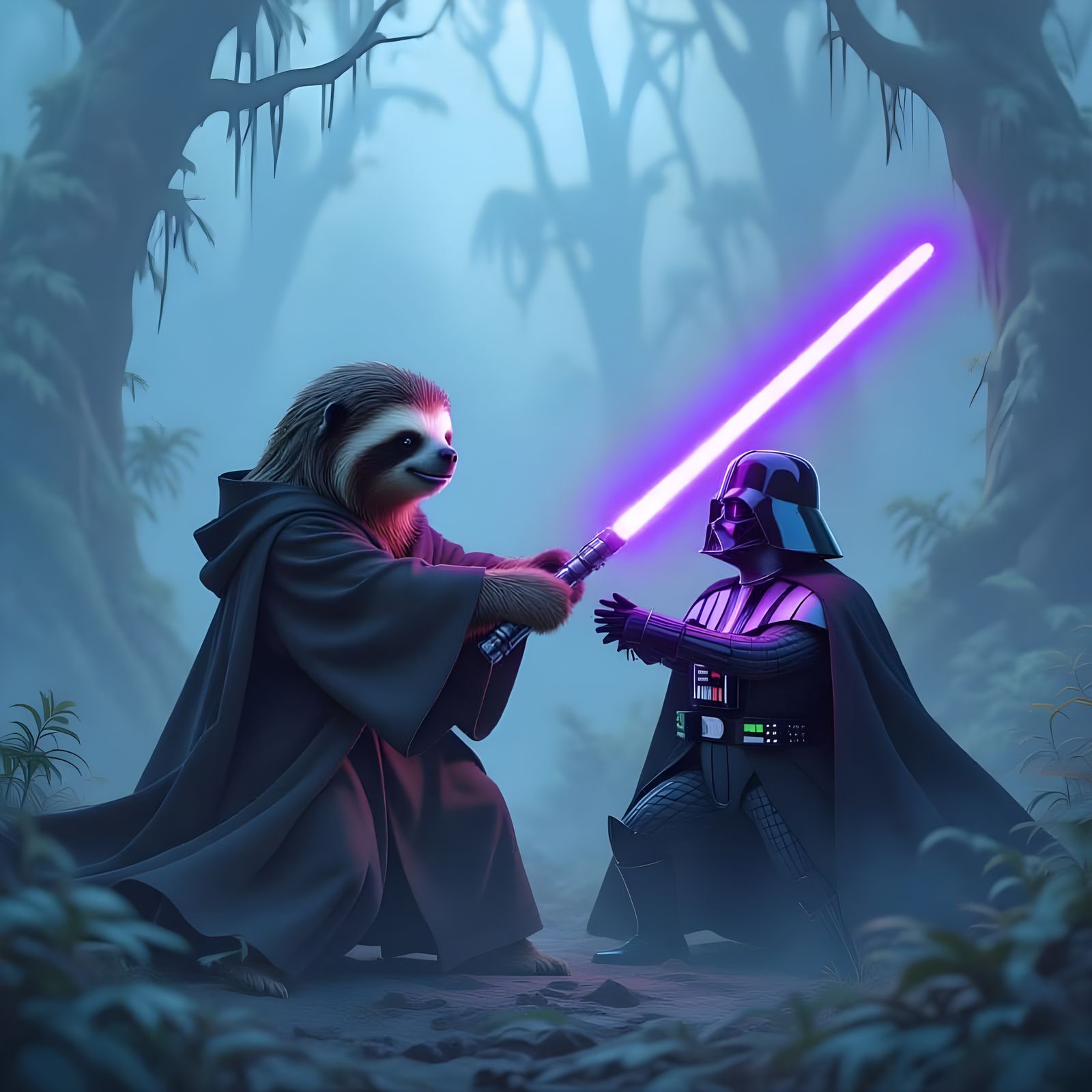 Chewbacca Sloth Fights Darth Vader with Lightsaber