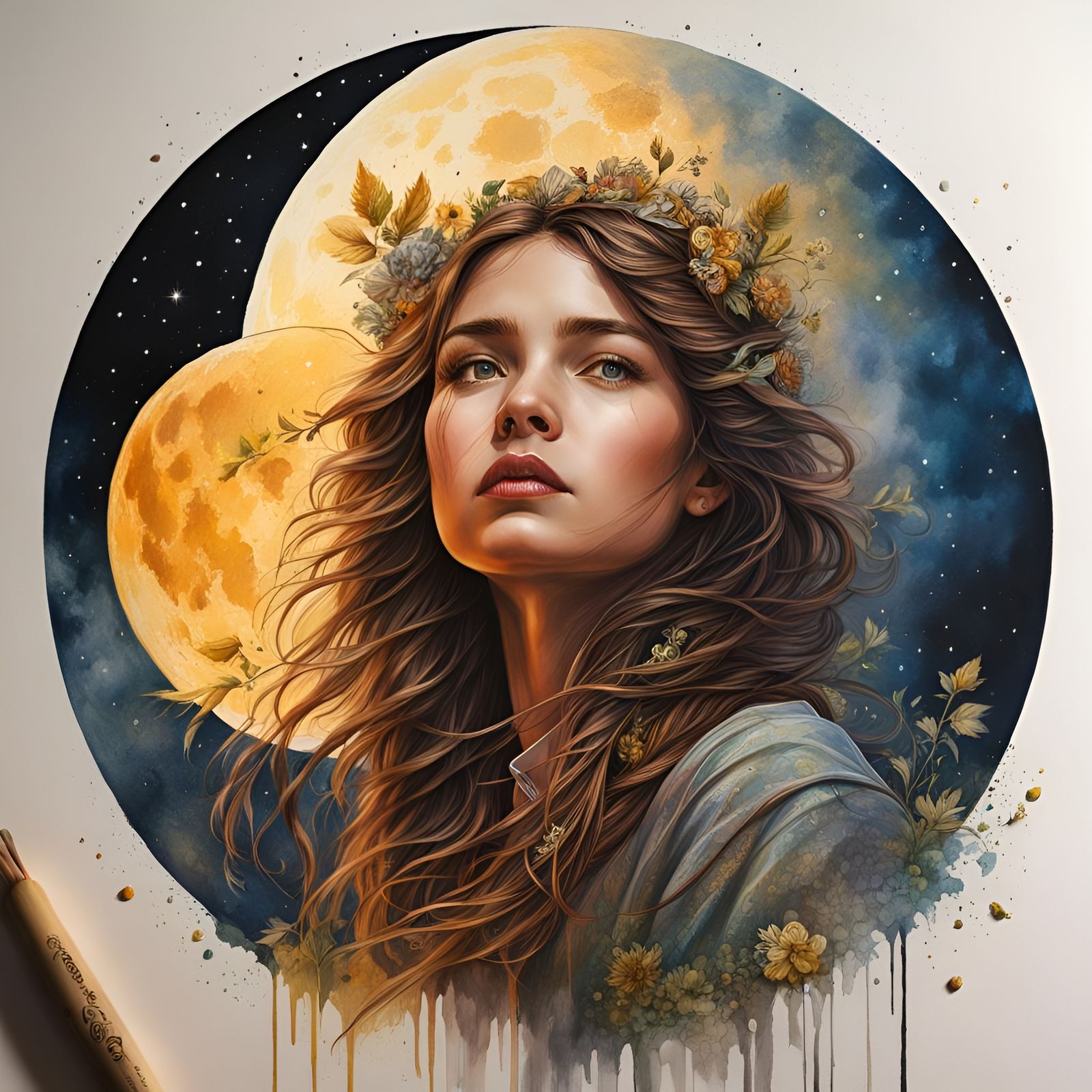 Polychromatic Moon Girl in Watercolor Style