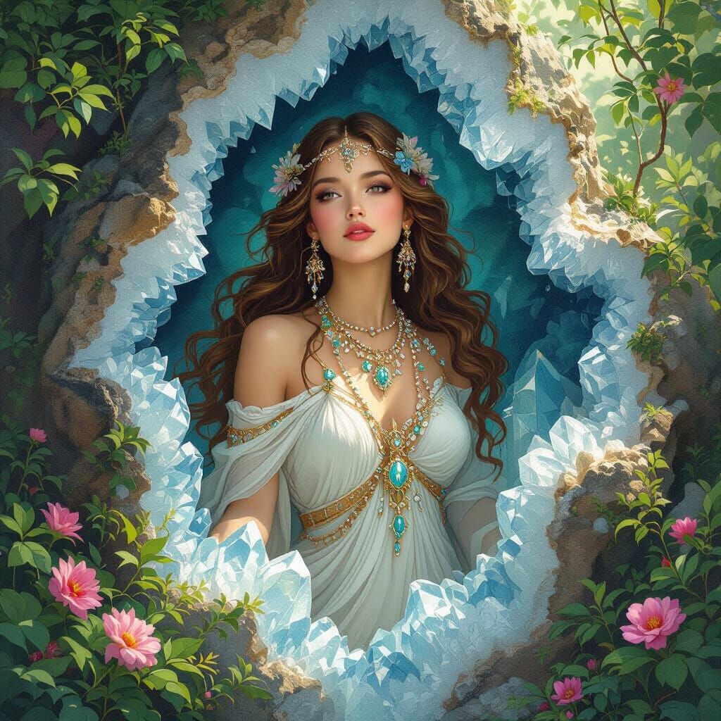 Goddess Emerging from Crystal Geode, Art Nouveau Style