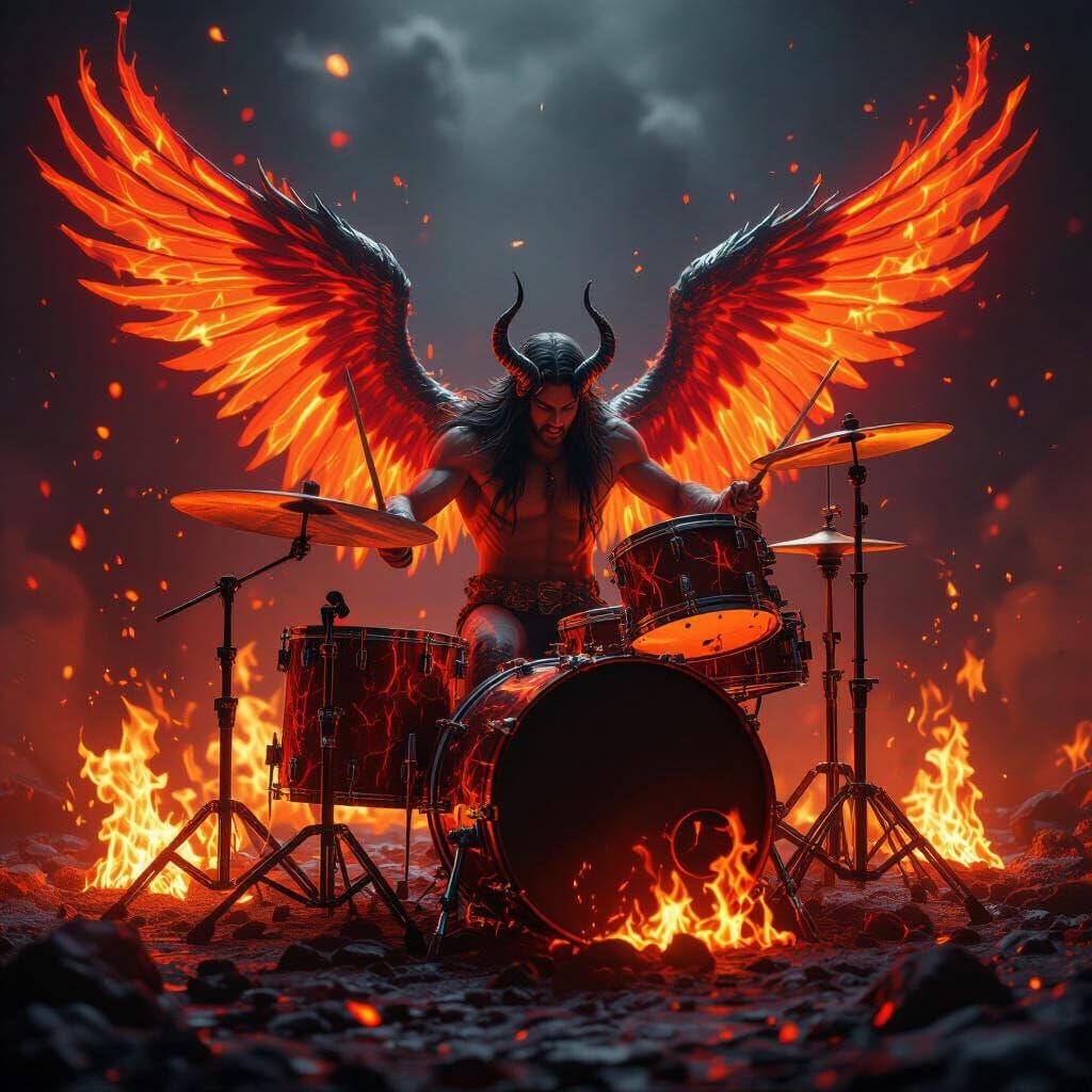 Winged Fire Spirit Rocks Drum Solo in Fiery Blaze