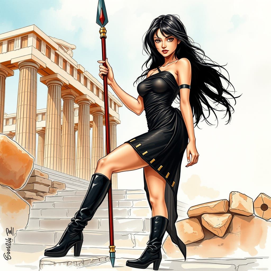 Modern Goddess in Ancient Ruins, Exquisite Watercolour Art