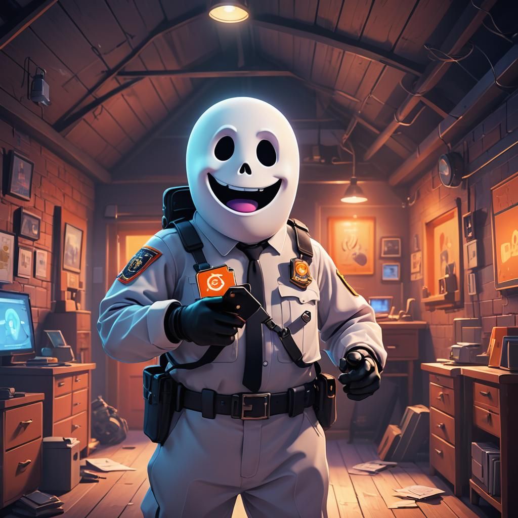 Smiling Ghost Security Guard in Attic, 3D Digital Art
