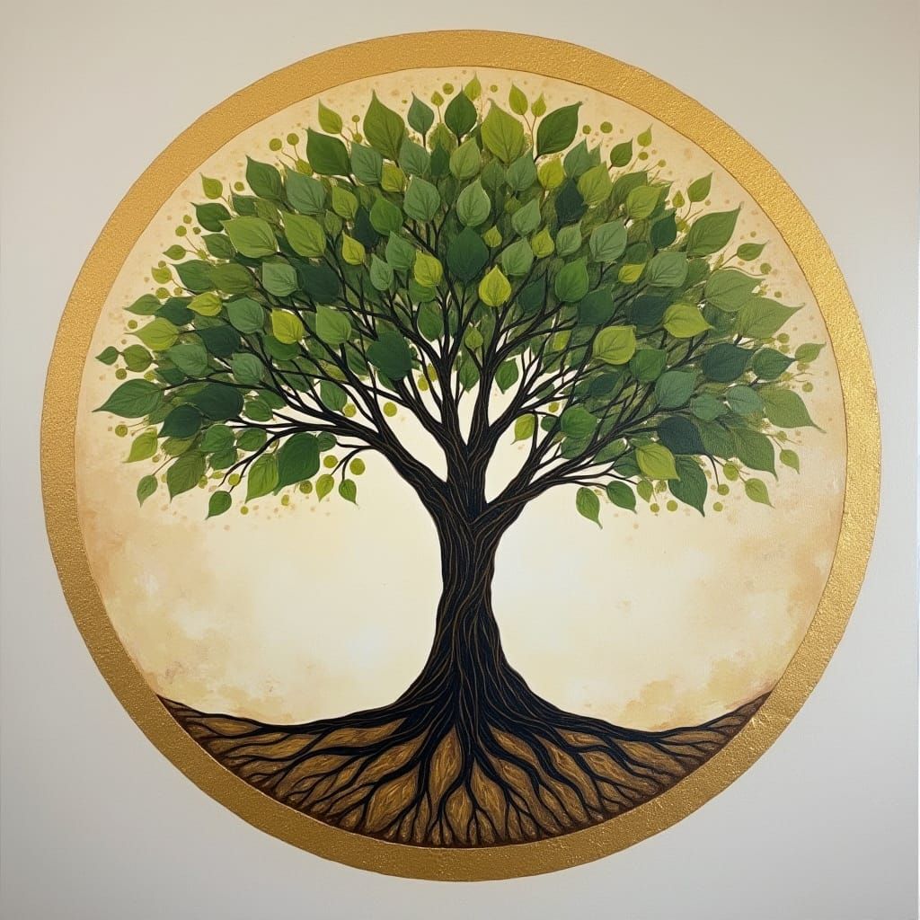 Serene Tree of Life in Golden Circle, Impasto Painting