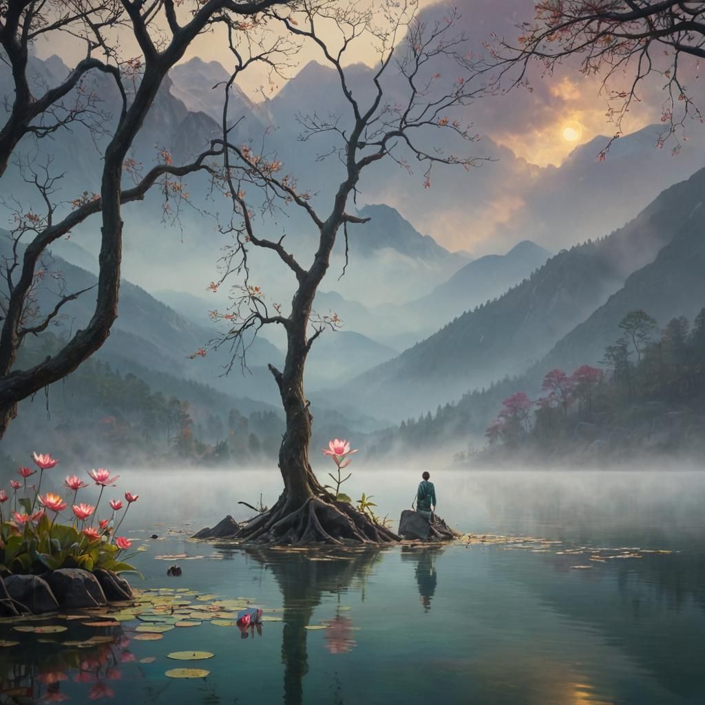 Misty Mountains: A Fantasy Oil Painting