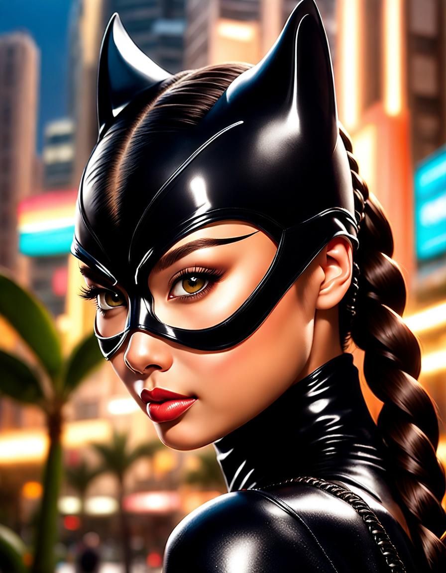 Hyperrealistic Indonesian Catwoman in Tropical City