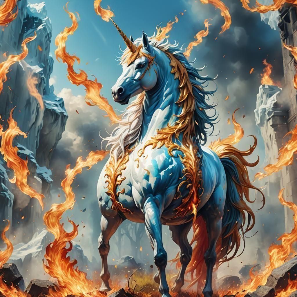 Fiery Unicorn with Flaming Mane and Horn