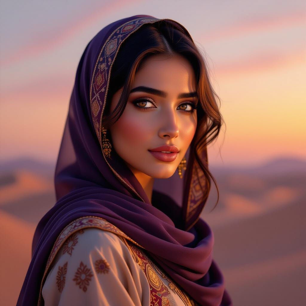 Serene Portrait of Shifa in Arabic Attire at Dusk