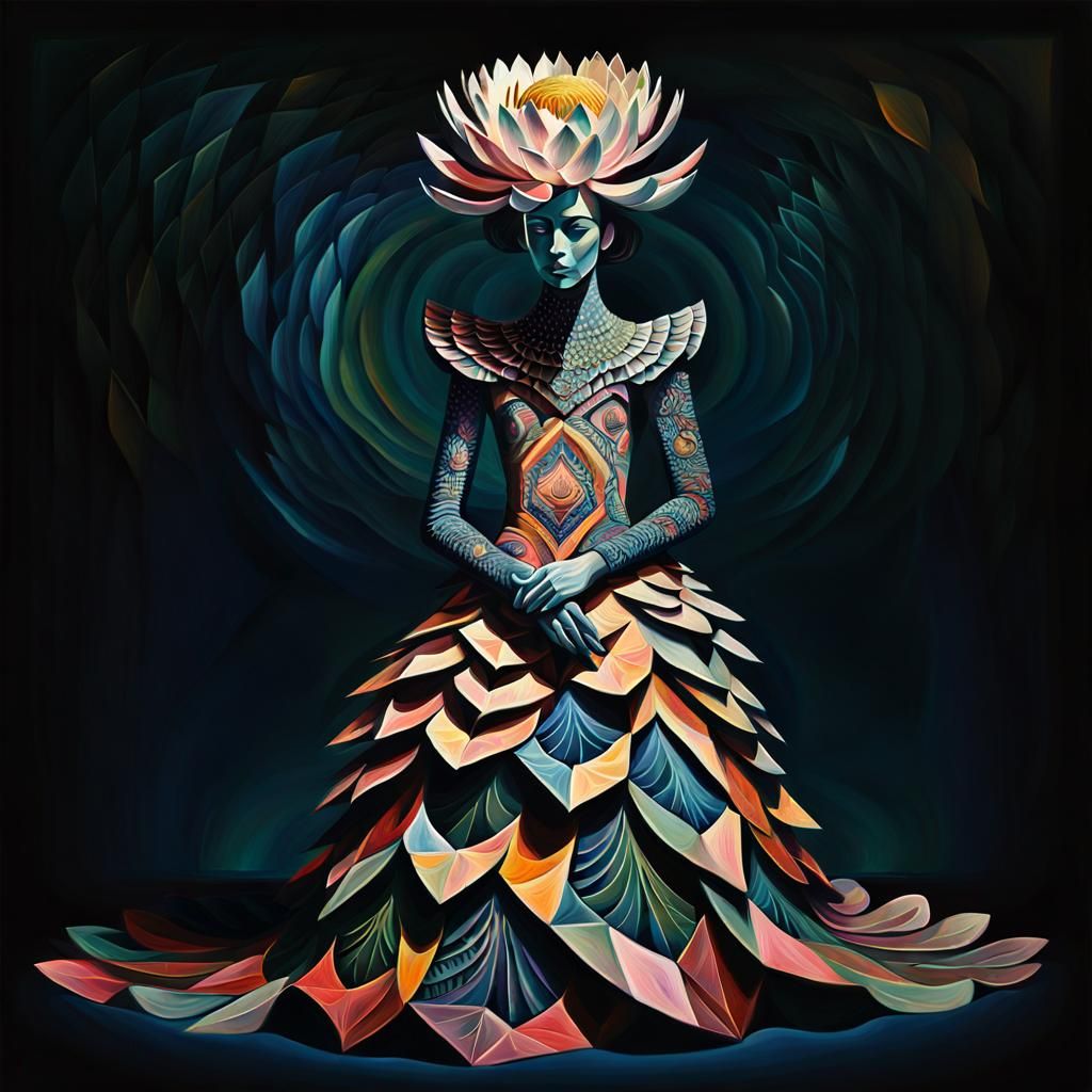 Celestial Protea Lady: Post-Impressionist Oil Painting