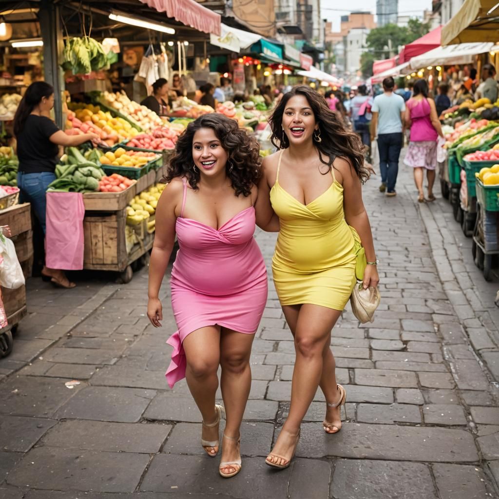 Stylish Latina Women in Bustling Market, Cubist Style