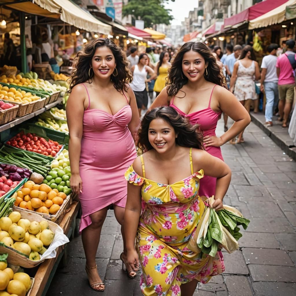 Stylish Latina Women at Bustling Market in Hypermodern Style