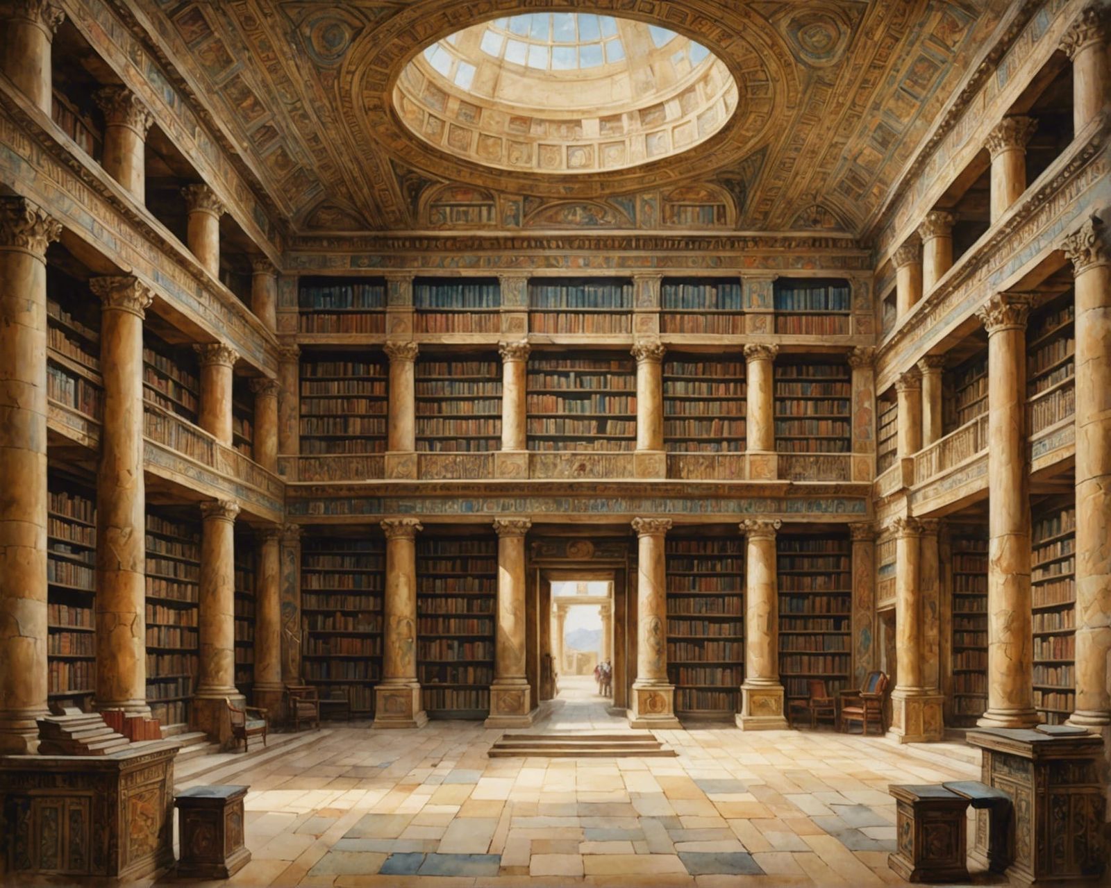 Babylonian Library: Detailed Watercolor Masterpiece