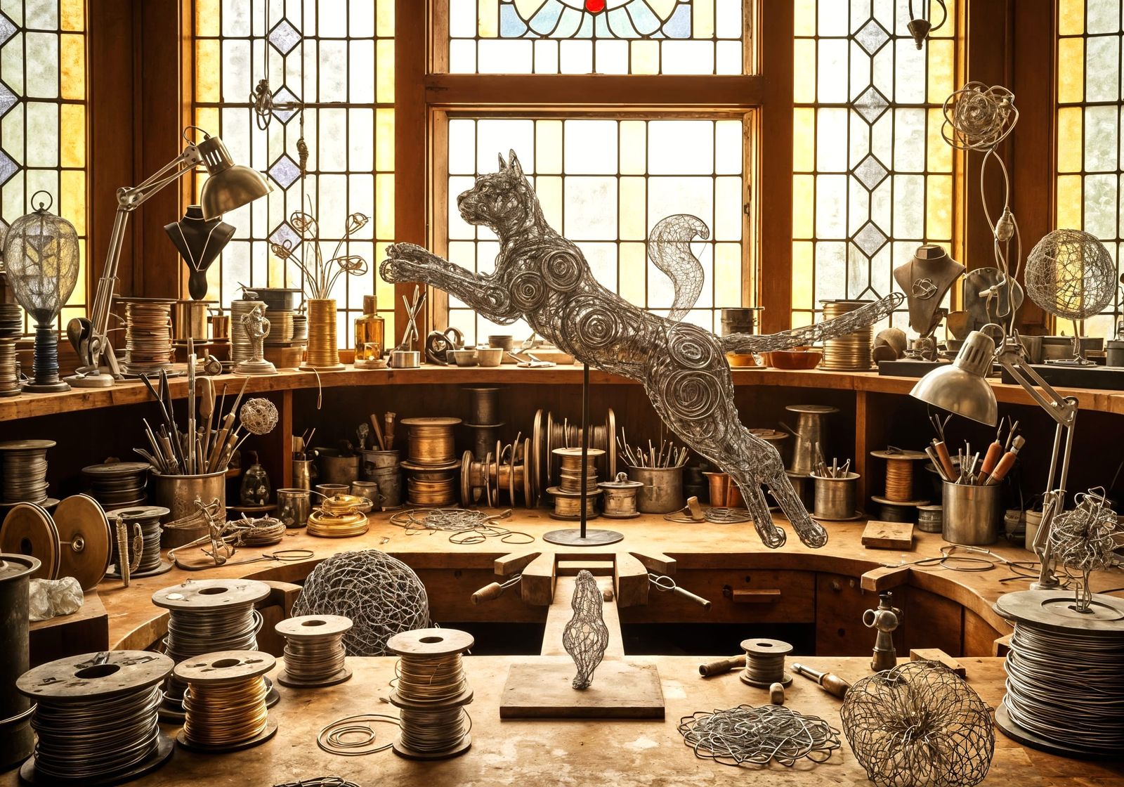 Luxury Jewelry Workshop with Wire Cat Sculpture