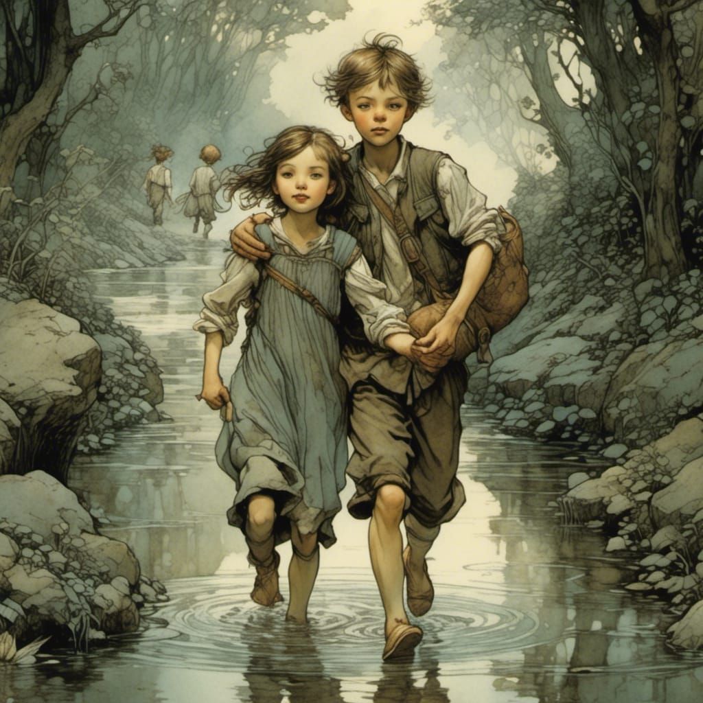 Brother and Sister in Stream, Fantasy Illustration
