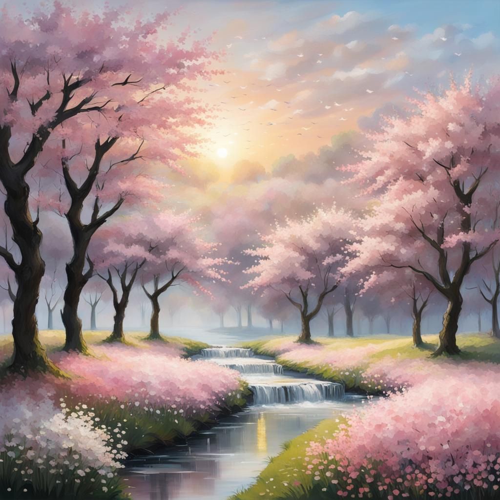 Blossom Trees in Windy Field at Sunrise