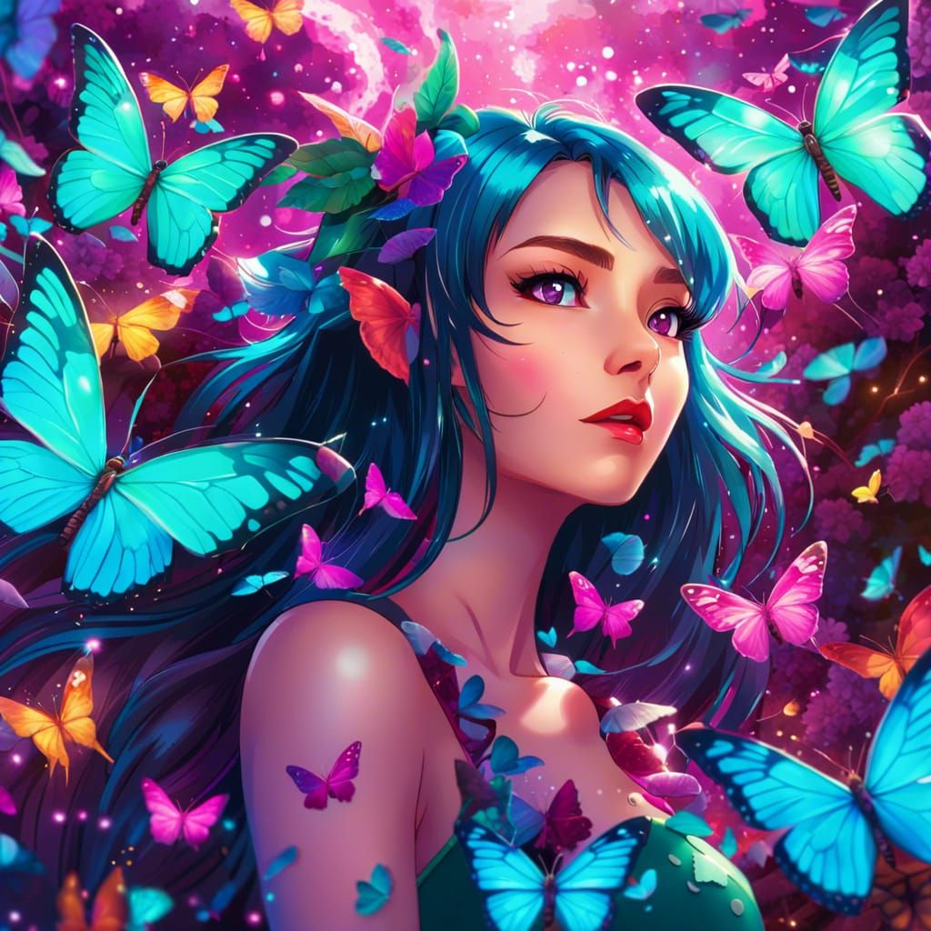 Elf Woman with Butterflies in Anime Style