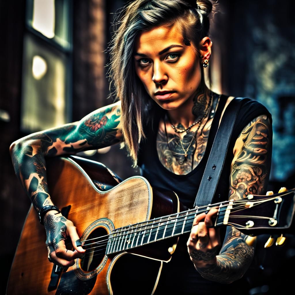 Beautiful Tattooed Guitarist Portrait in Concert