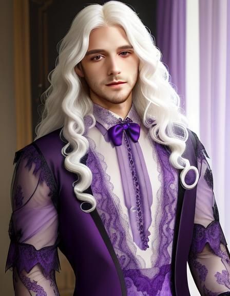 Man in Purple Lace Gown with Curly Hair