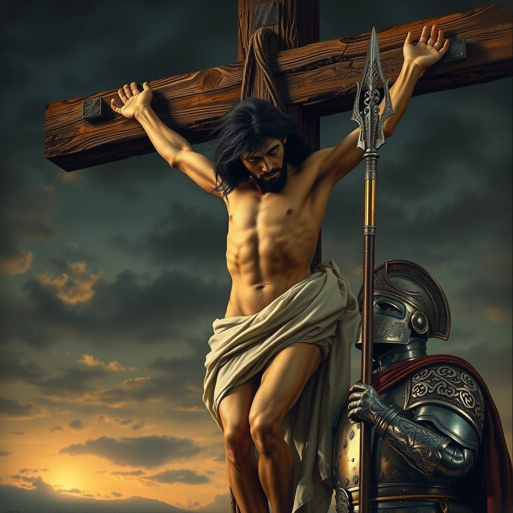 Emaciated Jesus Christ on the Cross, Flanked by a Roman Sold...