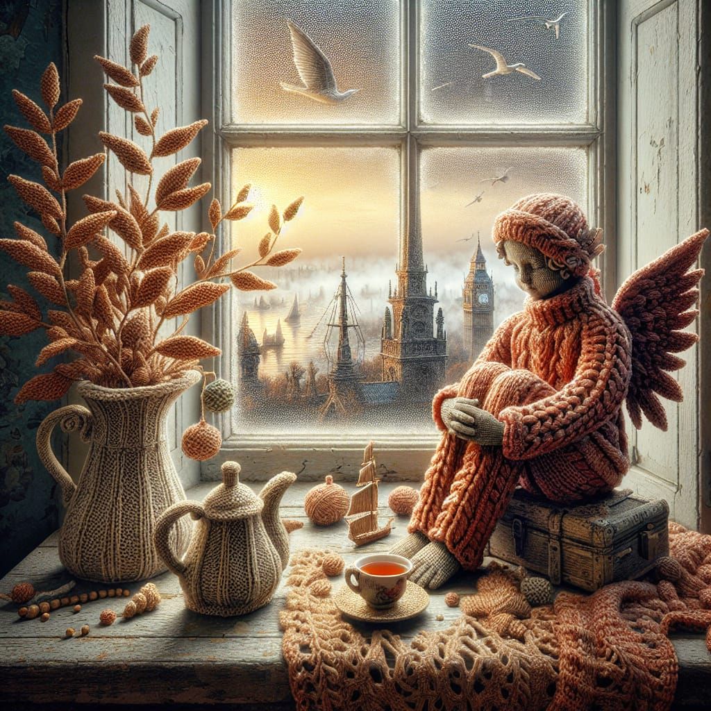 Knitted Angel in Foggy Victorian Cityscape Impression