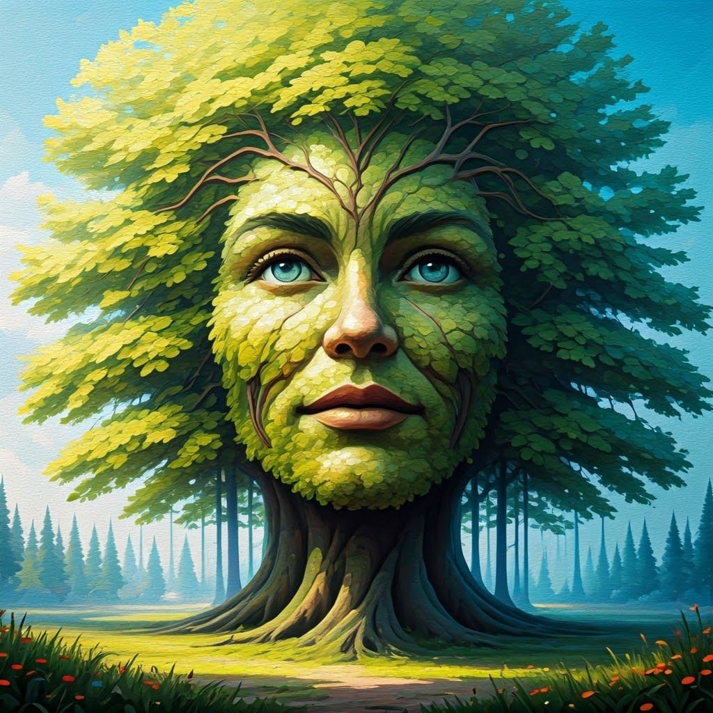 Whimsical Treescape Portrait in Folk Art Style