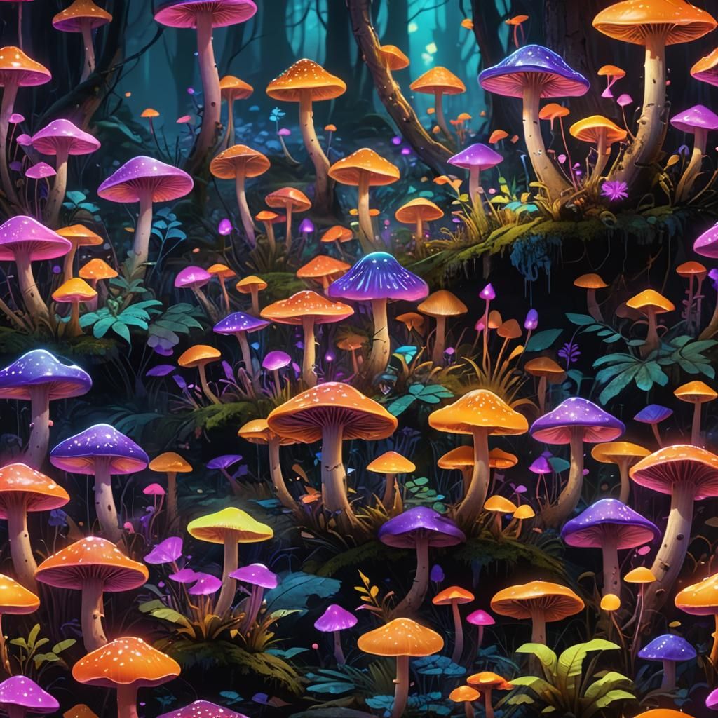 Enchanted Forest: Fluorescent Mushrooms in Neon Hues