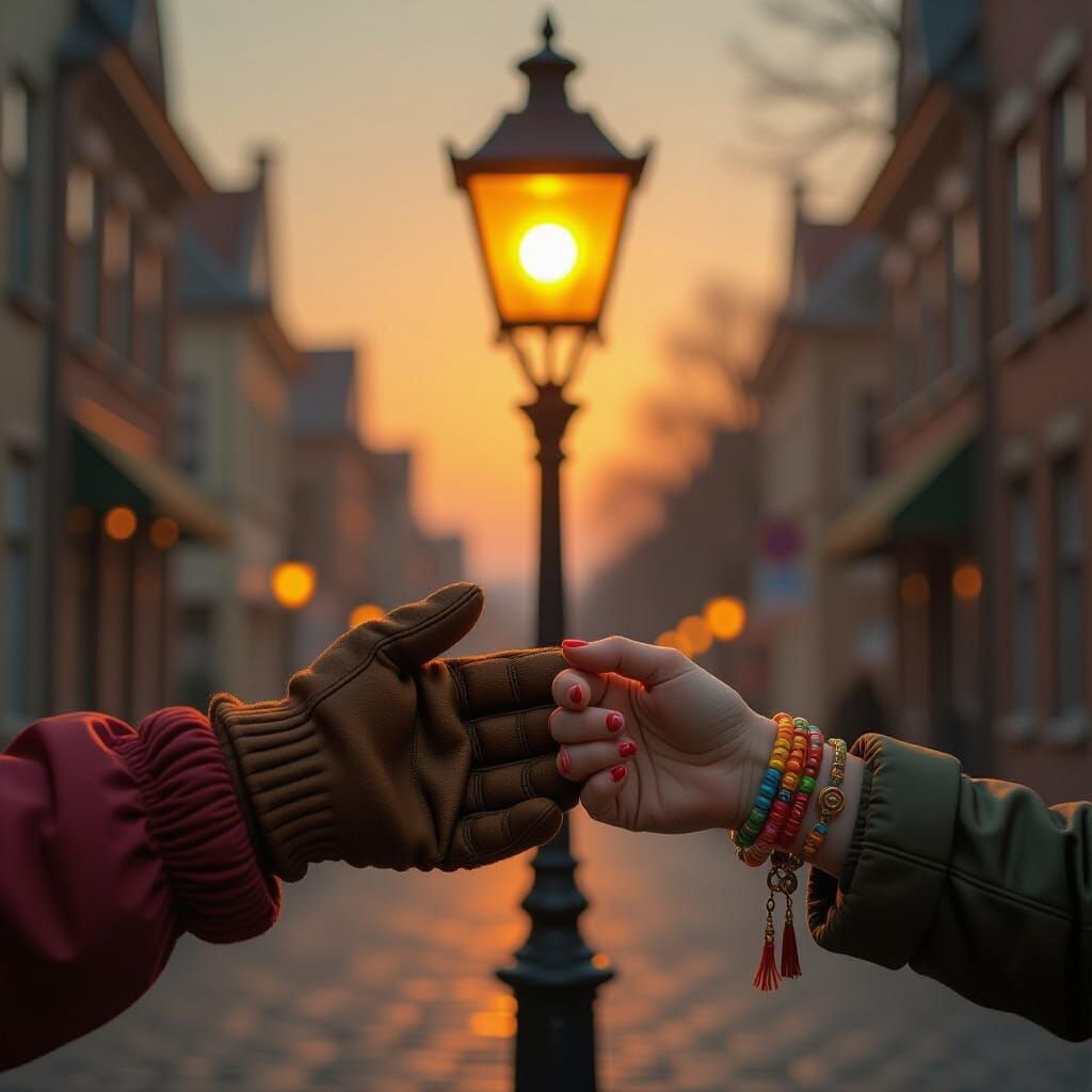 Hands Connect Under Streetlight: Evocative Digital Art