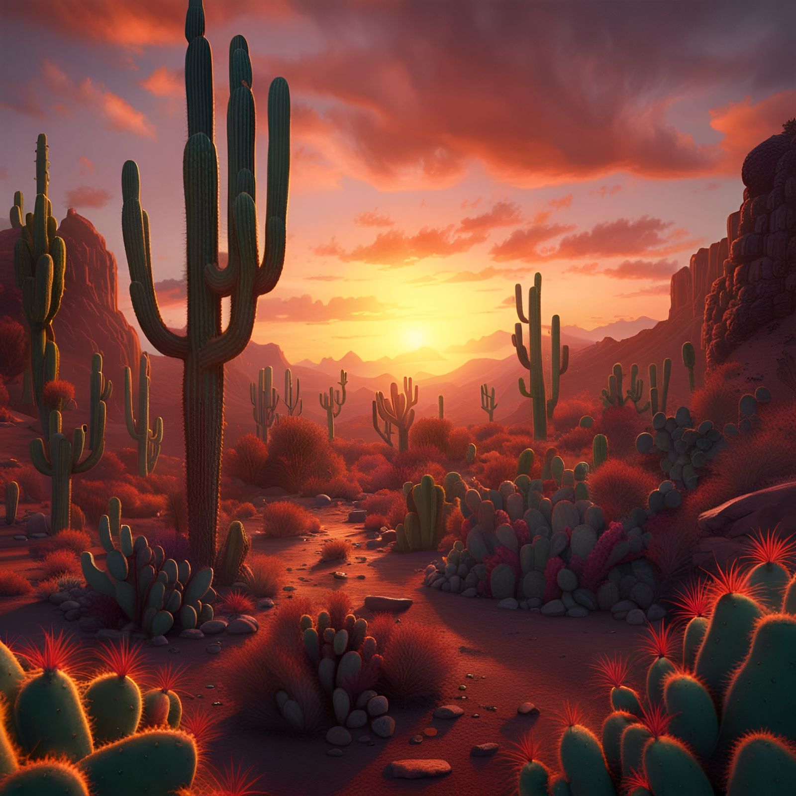 Detailed Cactus Sunset: Fantasy Concept Art
