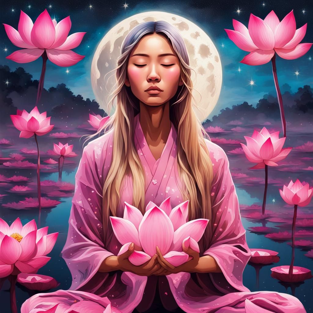 Asian Woman Meditating in Lotus Field, Graffiti Art