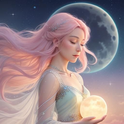 Celestial Anime Woman in Pastel Hues