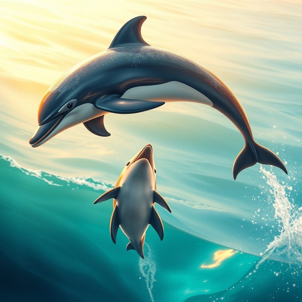 Dolphins in Mid-Air, Diving and Swimming in a Tropical Ocean