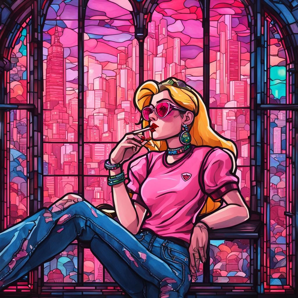 Princess Peach in Cyberpunk Cityscape as Gouache Art