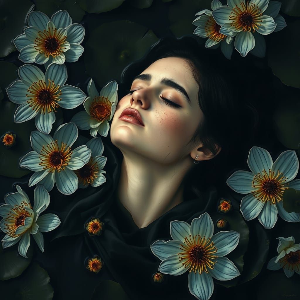 Ophelia's Death Among Black Water Flowers