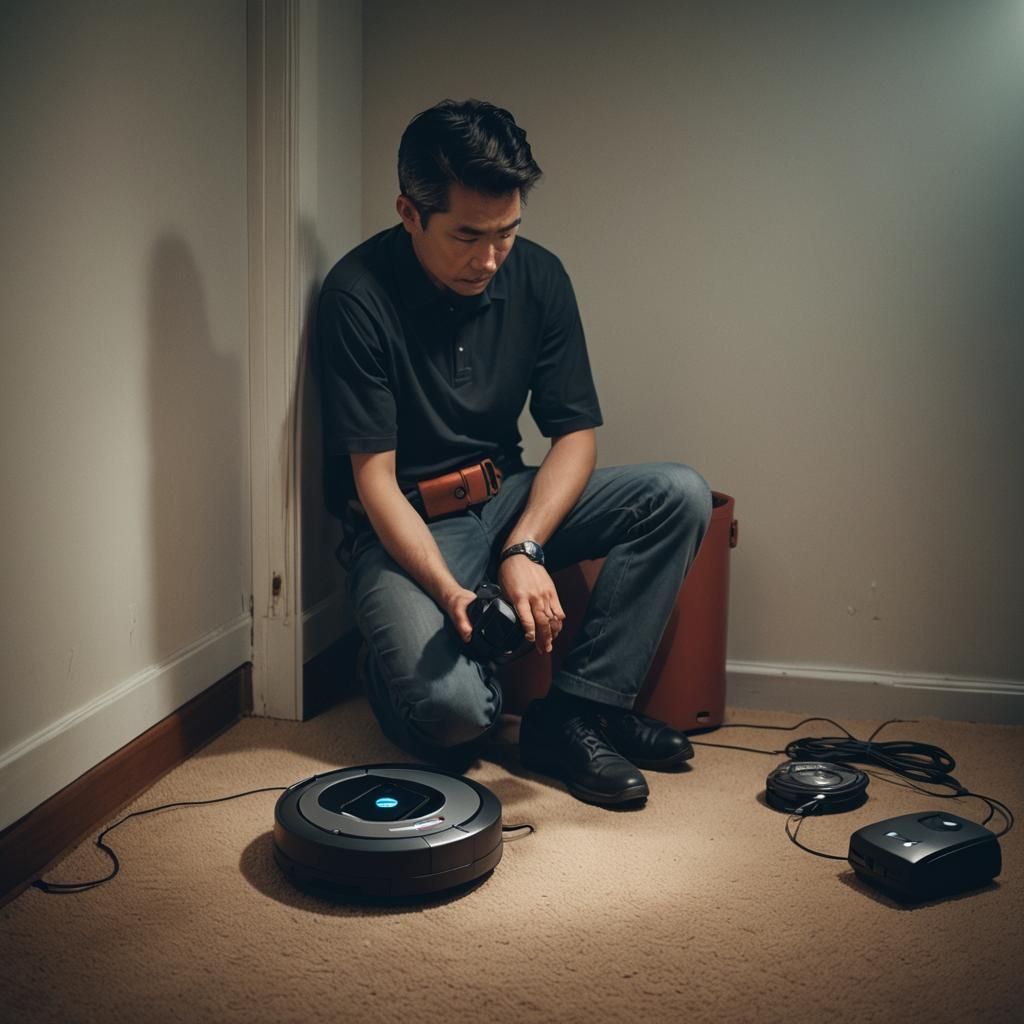 Man Crying Amidst Robot Vacuums: Cinematic Still