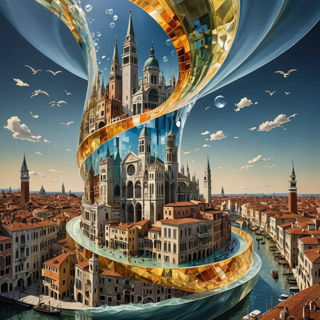 Resin Tower Depicting Venice in Escher-style Cityscape