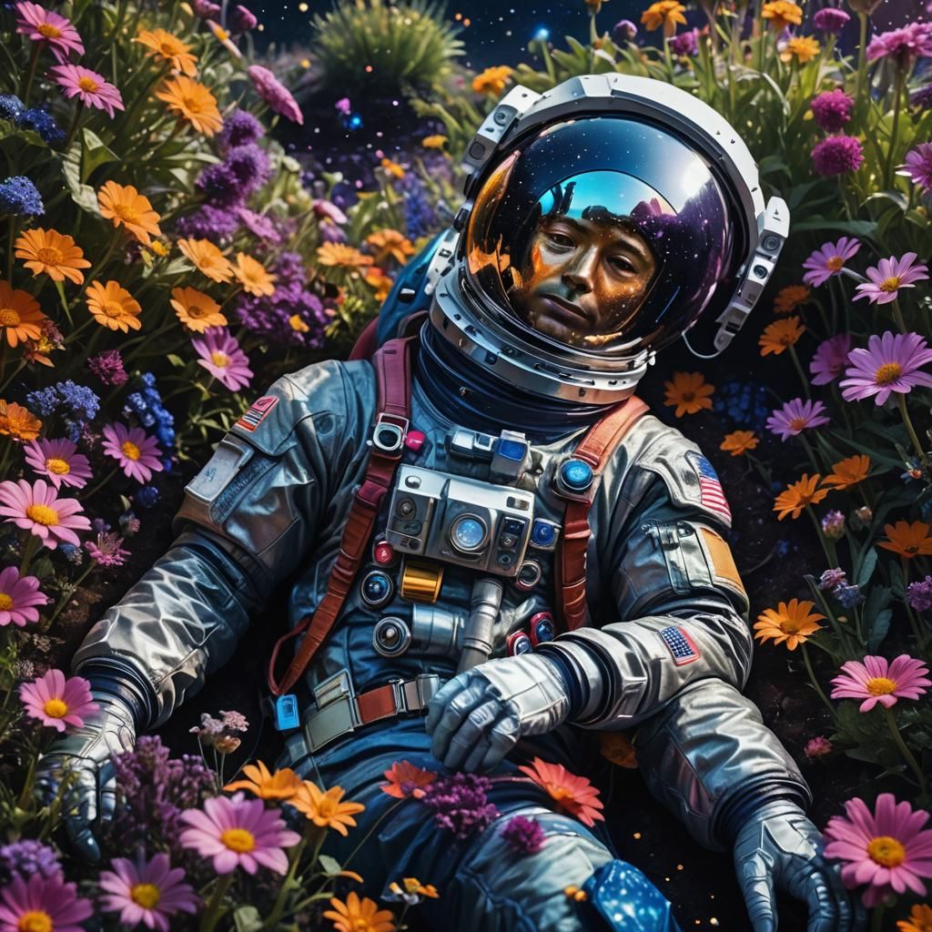 Astronaut in Flower Garden Reflecting the Universe