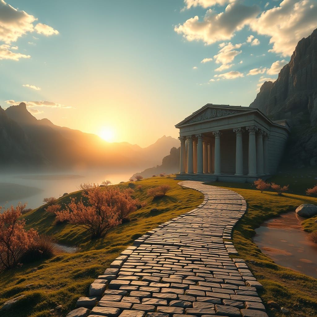 Sunrise Over Ancient Ruins in a Dreamlike Landscape