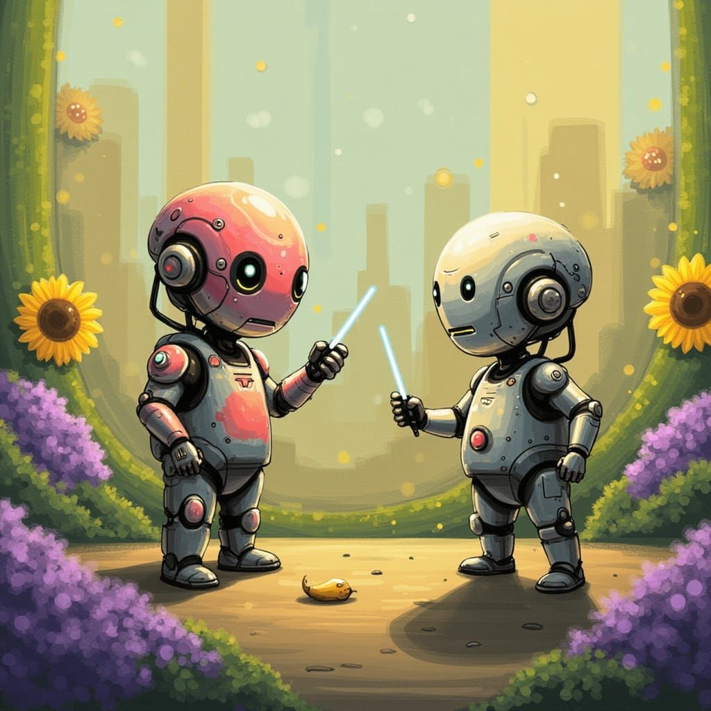 Cute Robots Tend Garden in Sepia Ink-Punk Style