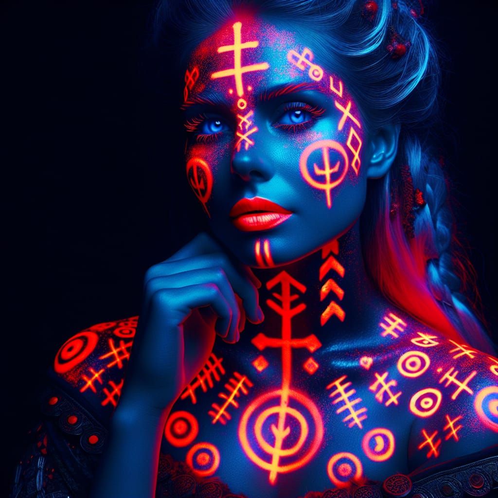 Viking Woman with Glowing Runes in Black Light