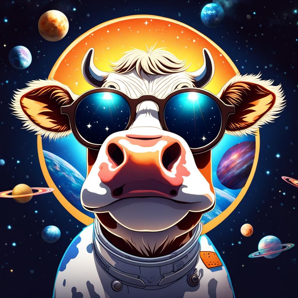 Cow in Space with Sunglasses in Cartoon Style