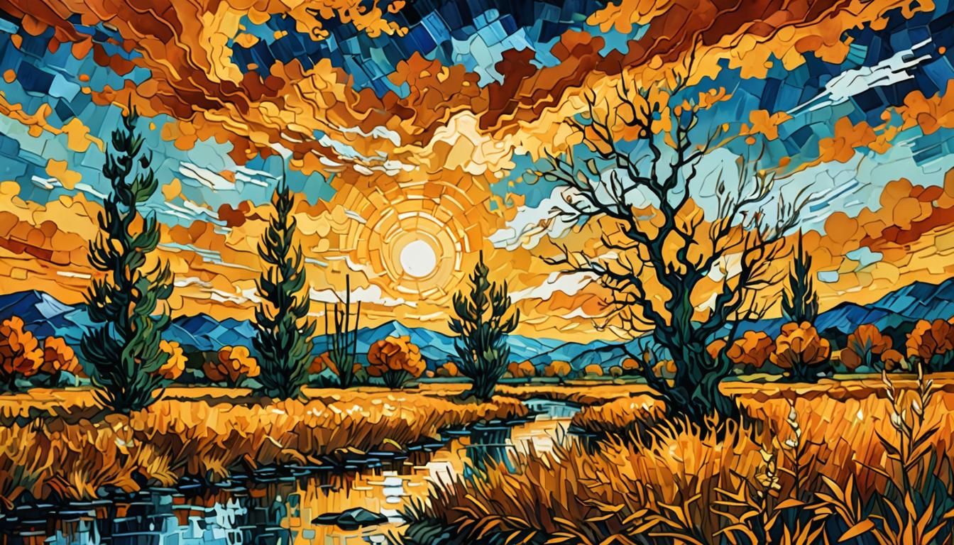 Vibrant Sunset Scene in Vincent Van Gogh Style with Hyper-De...