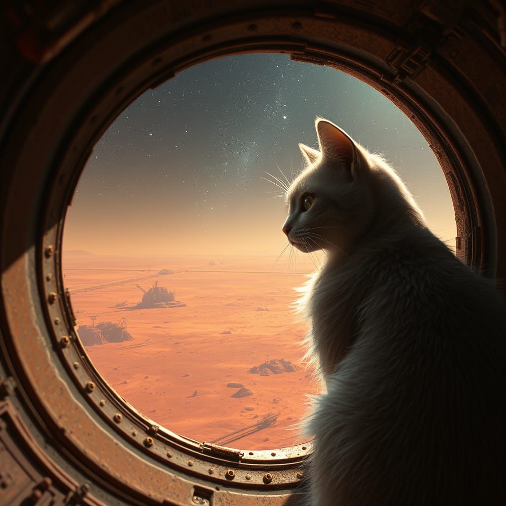 Ethereal Cosmic Cat Gazes from Spaceship Window