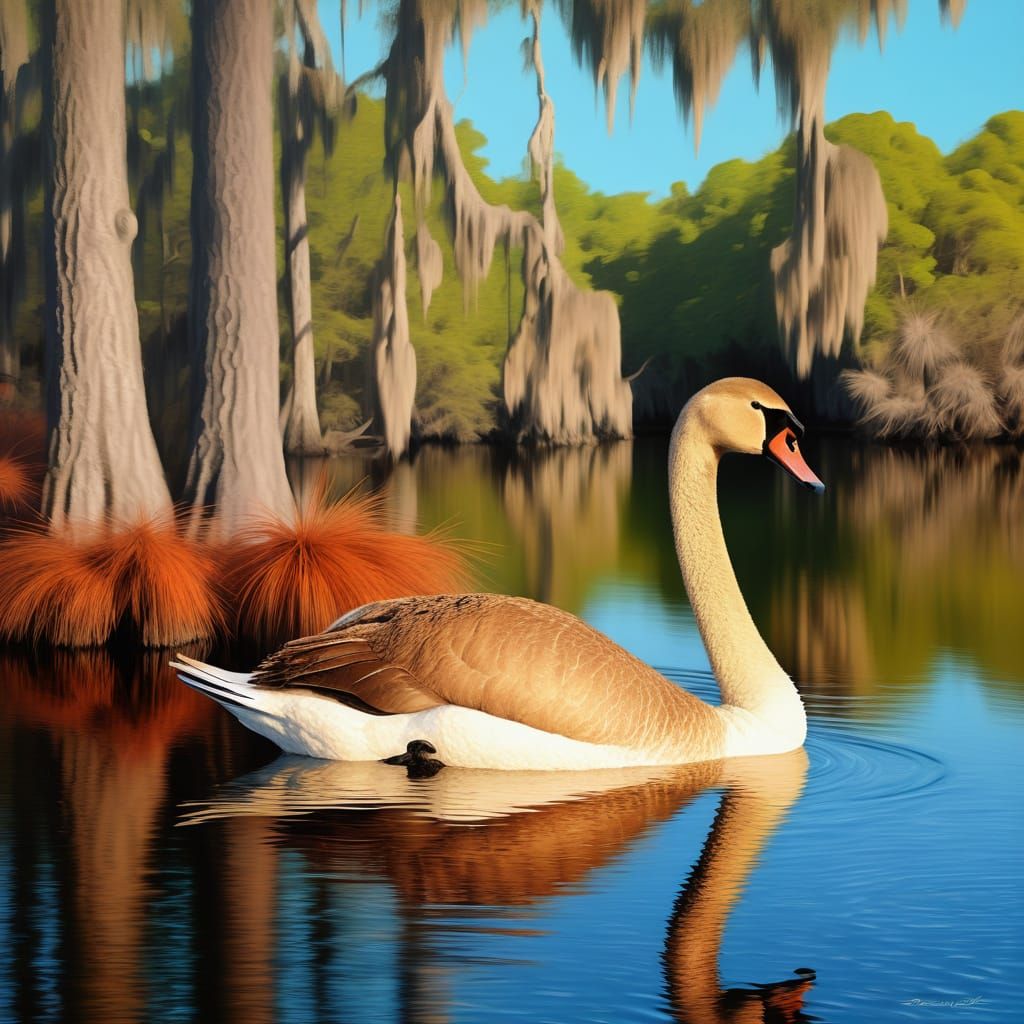 Portrait of a brown swan from Louisiana over a lazy bay with...