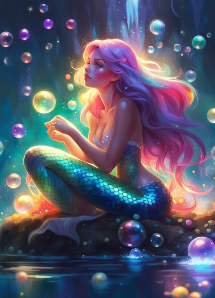 Rainbow Mermaid on Magical Lake, Art Nouveau Style
