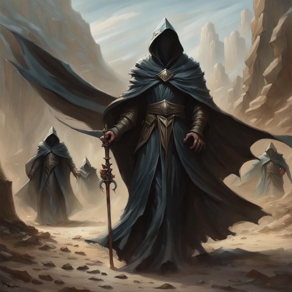 Phyrexian Wizard with Guards in Dark Fantasy Style