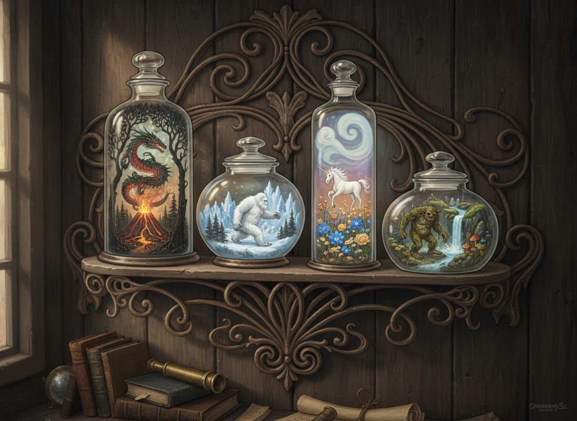 Magical Creatures in Jars on Ornate Shelf