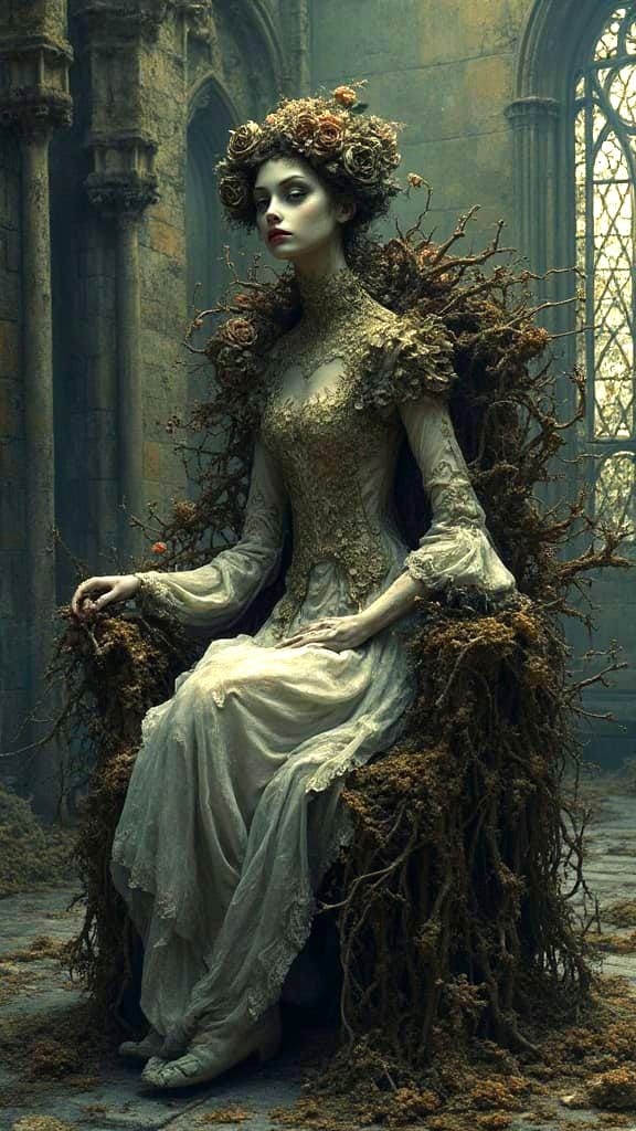 Porcelain Doll in Decaying Gothic Cathedral: Dark Fantasy