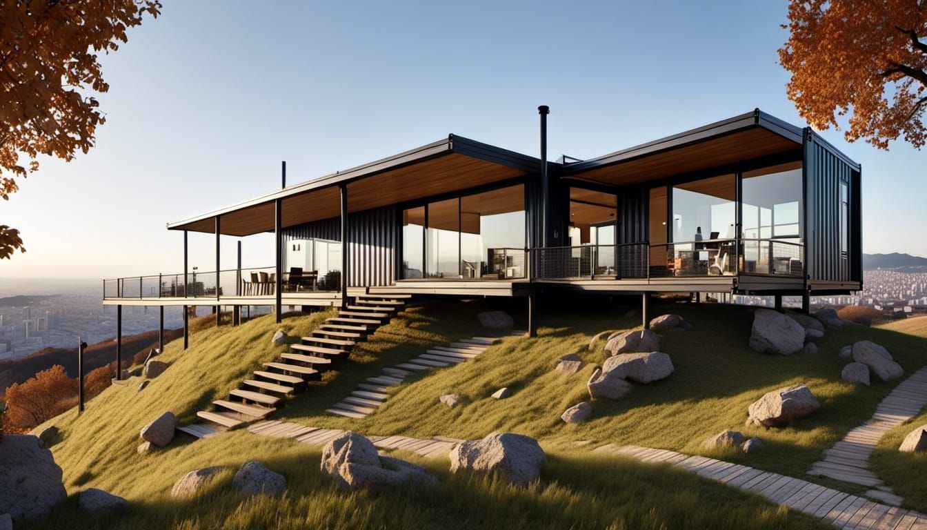 <lora:V-ray:1.0> a modern 
 shipping container house design ...